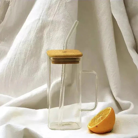 Square Coffee Mug With Wooden Top And Straw, 400ml