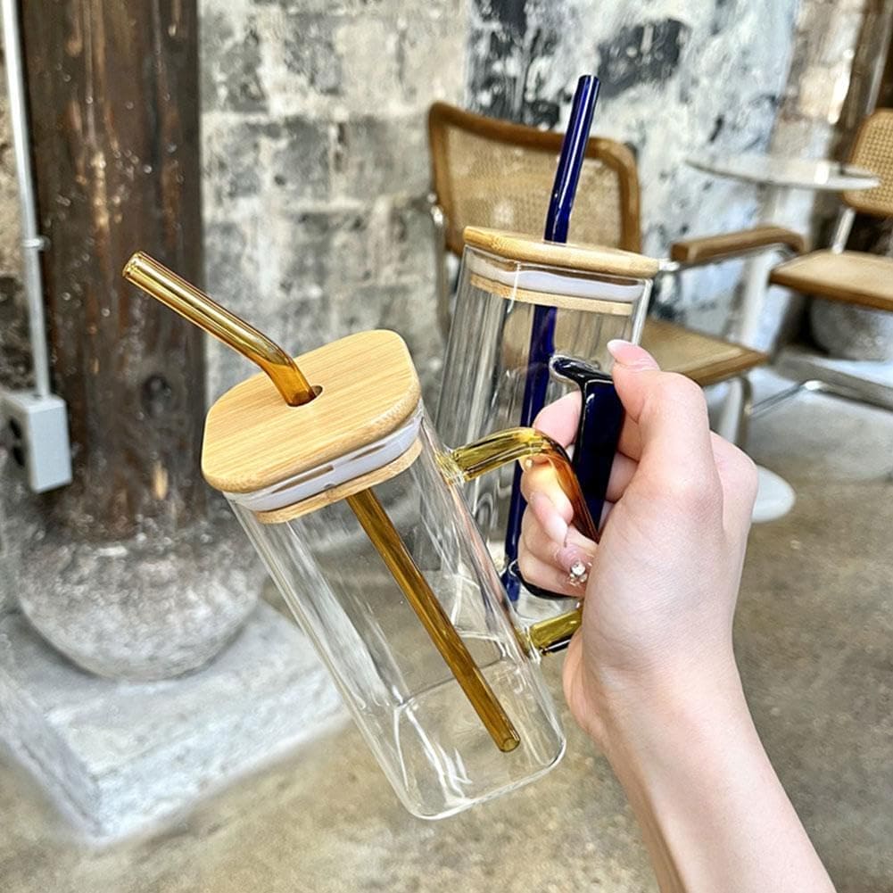 Square Coffee Mug With Wooden Top And Straw, 400ml